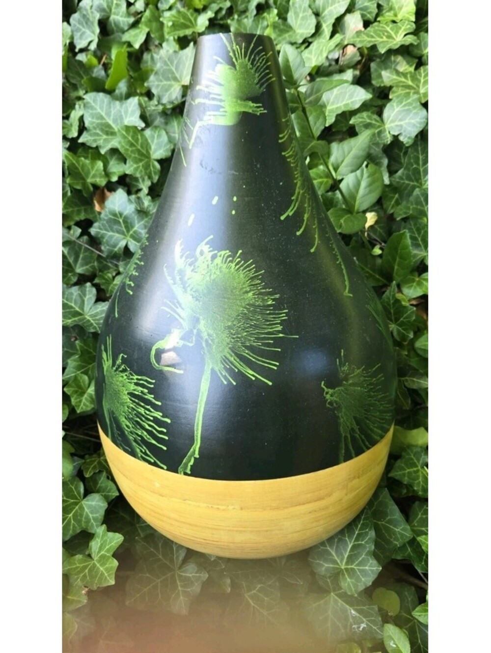 Wood Vase Black With Green Splashes And Tan. 16.5"TallX12"Wide. Urn Jug Unique